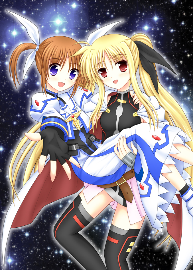 fate testarossa and takamachi nanoha (lyrical nanoha and 3 more) drawn by raikkonen713