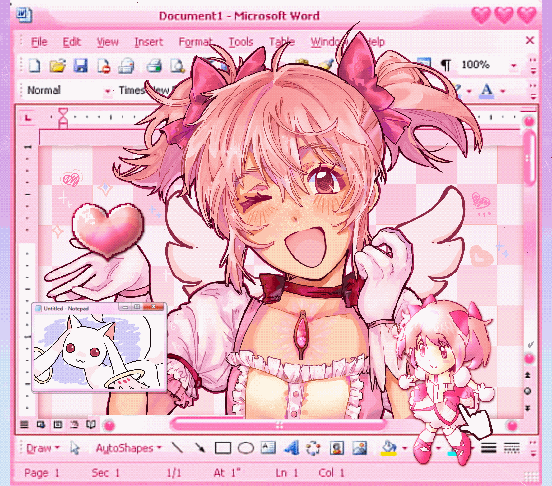 kaname madoka and kyubey (mahou shoujo madoka magica and 3 more) drawn by wormontwostrings