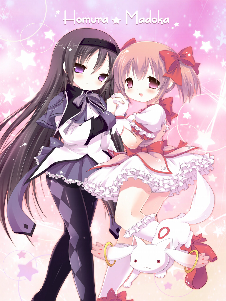 akemi homura, kaname madoka, and kyubey (mahou shoujo madoka magica) drawn by sakura_puchirou