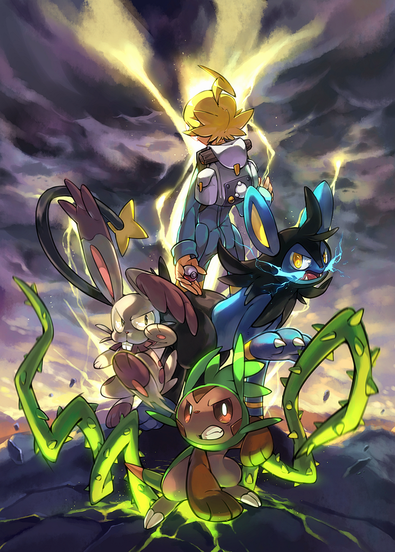 chespin, clemont, luxio, and bunnelby (pokemon and 1 more) drawn by brad_(16325)