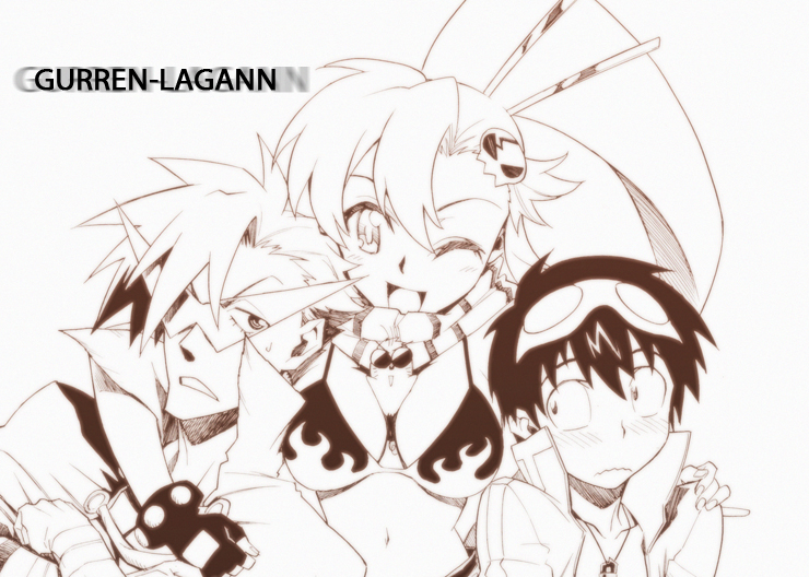 yoko littner, simon, kamina, and boota (tengen toppa gurren lagann) drawn by mori_kotarou