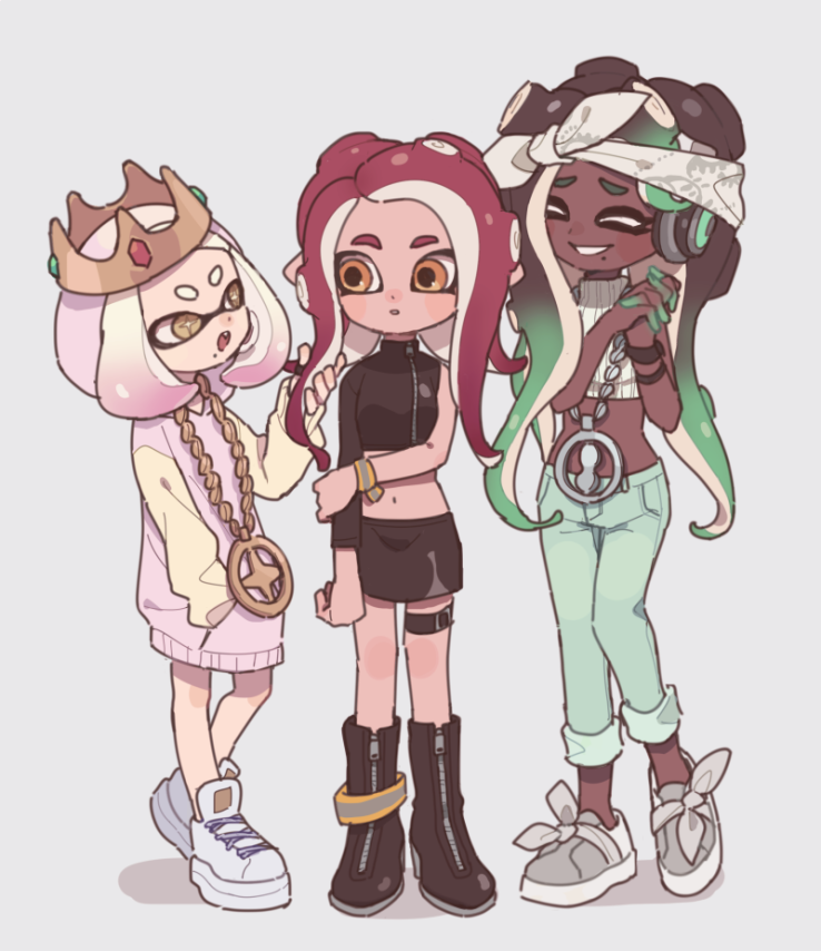 octoling player character, octoling girl, agent 8, marina, and pearl (splatoon and 2 more) drawn by gomi_(kaiwaresan44)