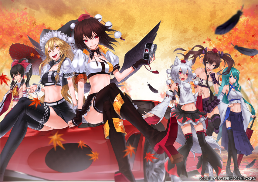 hakurei reimu, kirisame marisa, kochiya sanae, shameimaru aya, inubashiri momiji, and 1 more (touhou and 1 more) drawn by nidy