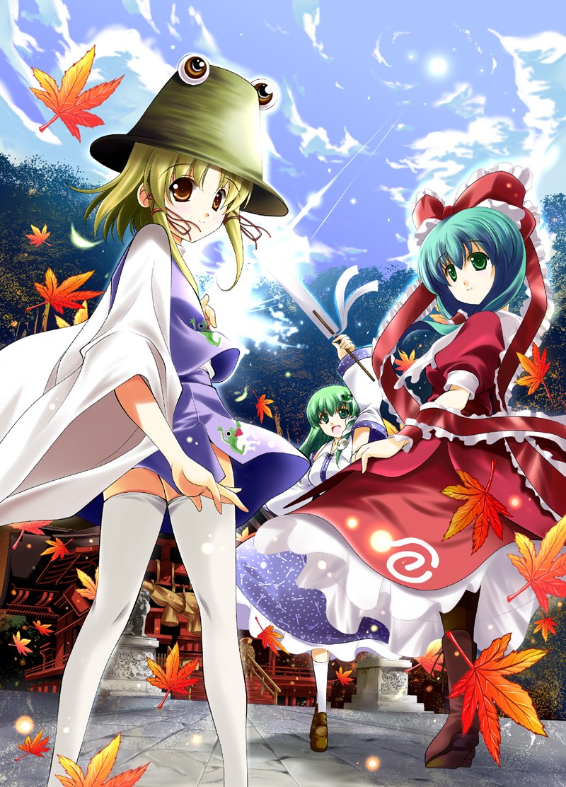 kochiya sanae, moriya suwako, and kagiyama hina (touhou) drawn by usuusu