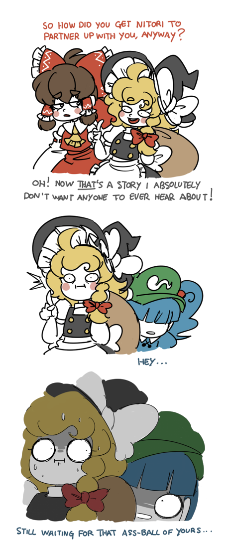 hakurei reimu, kirisame marisa, and kawashiro nitori (touhou and 1 more) drawn by peachems_(gemu)