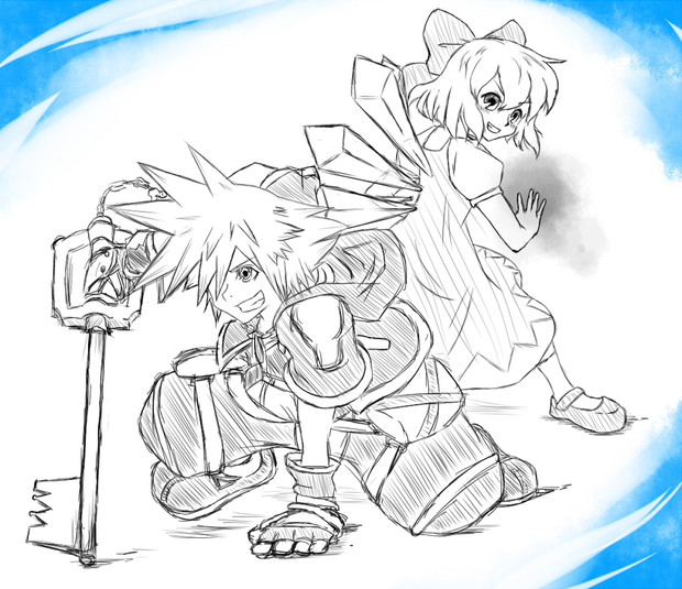 cirno and sora (touhou and 2 more) drawn by fufufu_(fufufudesuyo)