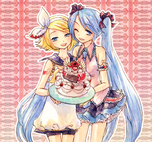 hatsune miku and kagamine rin (vocaloid) drawn by a-gatha