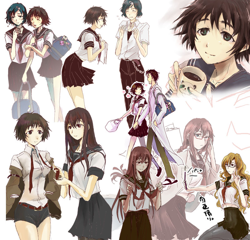 makise kurisu, okabe rintarou, shiina mayuri, urushibara ruka, kiryuu moeka, and 1 more (steins;gate) drawn by tanbonota