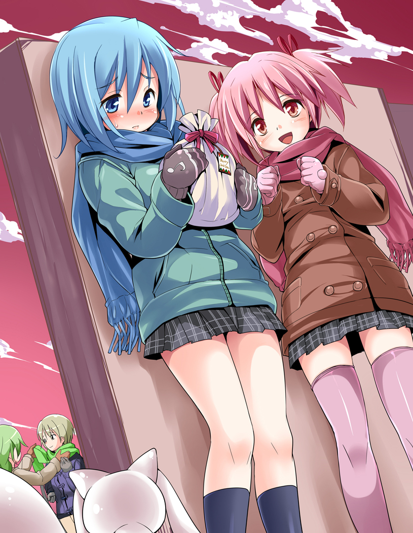 kaname madoka, miki sayaka, kyubey, shizuki hitomi, and kamijou kyousuke (mahou shoujo madoka magica) drawn by endou_masatoshi