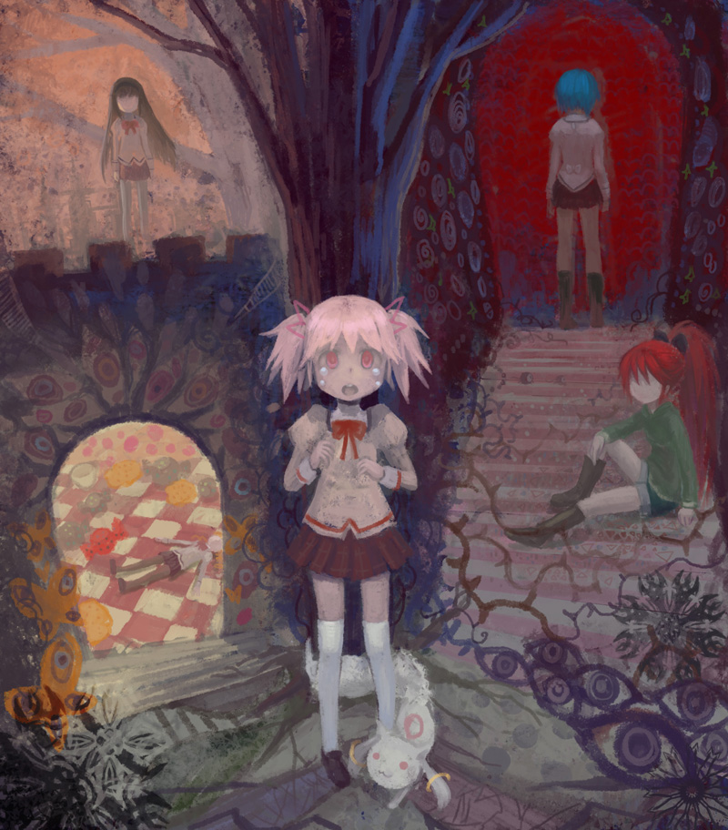 akemi homura, kaname madoka, miki sayaka, sakura kyoko, tomoe mami, and 1 more (mahou shoujo madoka magica) drawn by chalii