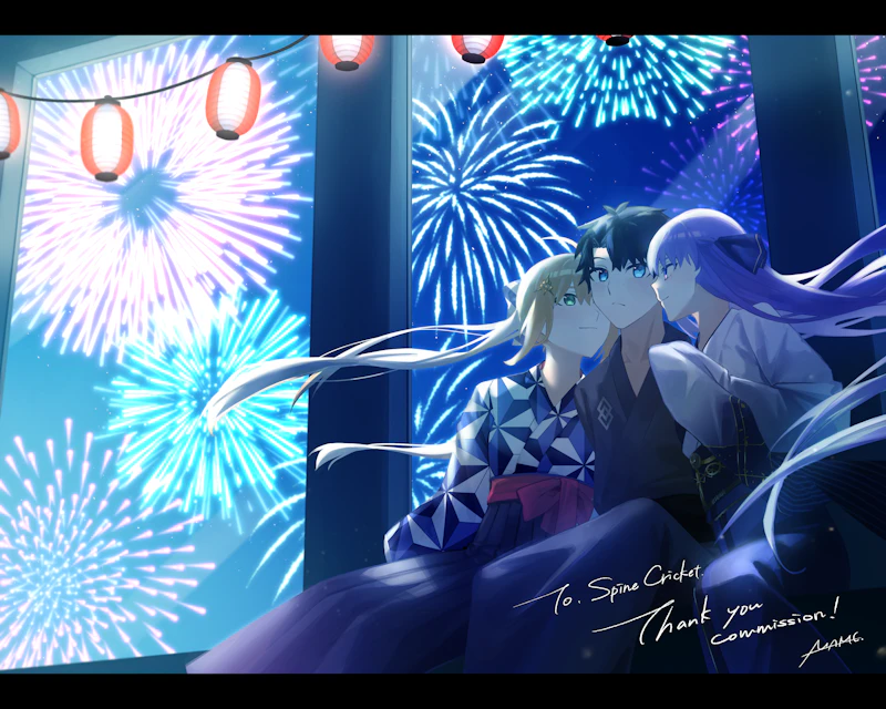 artoria pendragon, fujimaru ritsuka, meltryllis, and artoria caster (fate and 1 more) drawn by omame_korokor