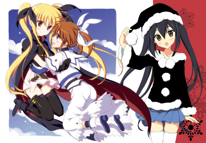 fate testarossa, nakano azusa, and takamachi nanoha (k-on! and 3 more) drawn by odawara_hakone
