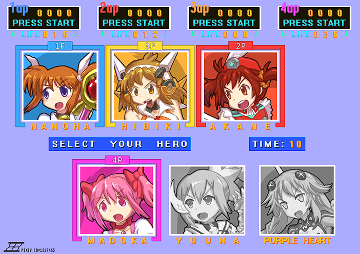 kaname madoka, takamachi nanoha, raising heart, tachibana hibiki, purple heart, and 2 more (mahou shoujo madoka magica and 11 more) drawn by heei_juun