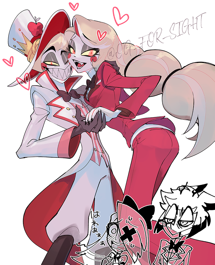 lucifer morningstar, charlie morningstar, alastor, and vaggie (hazbin hotel) drawn by oji_(og_for_sight)