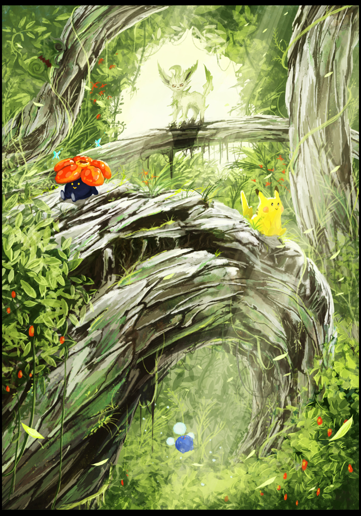pikachu, leafeon, jumpluff, vileplume, and kecleon (pokemon) drawn by takotto