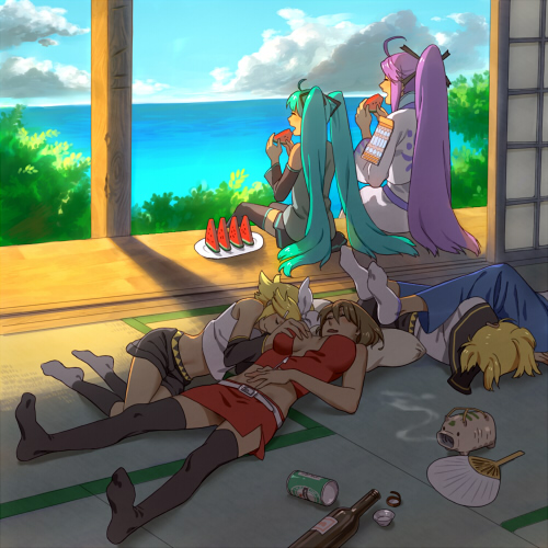 hatsune miku, kagamine rin, kagamine len, kaito, meiko, and 1 more (vocaloid) drawn by esukee