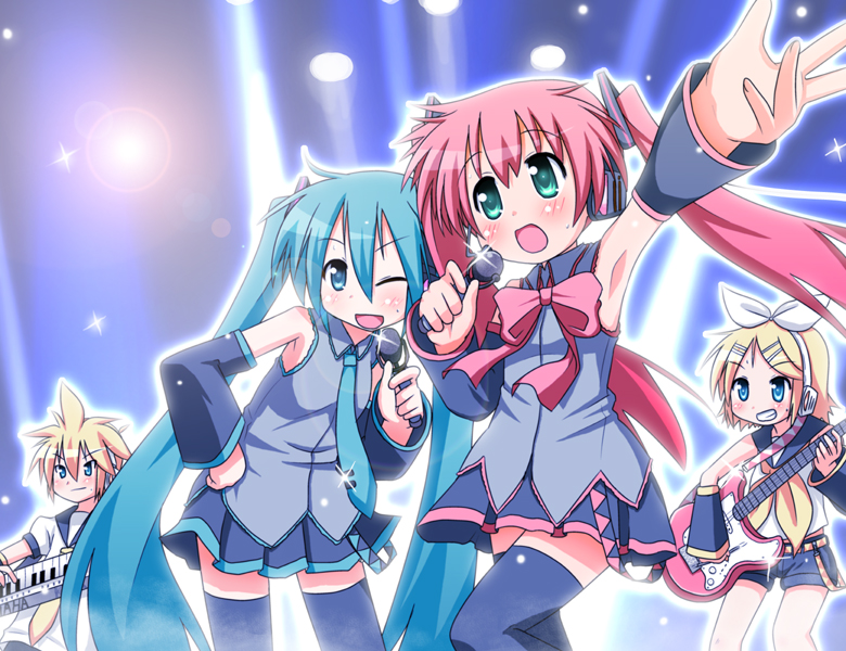 hatsune miku, kagamine rin, kagamine len, and sakura koiro (original and 1 more) drawn by minami_(colorful_palette)