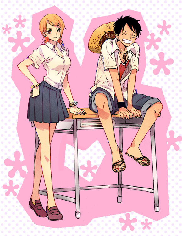 nami and monkey d. luffy (one piece) drawn by r_(corolla)