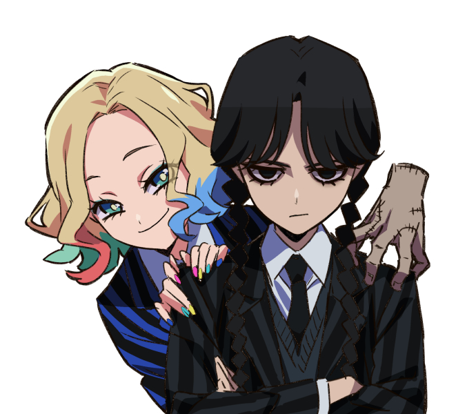 wednesday addams, enid sinclair, and thing (addams family and 1 more) drawn by yoko.u