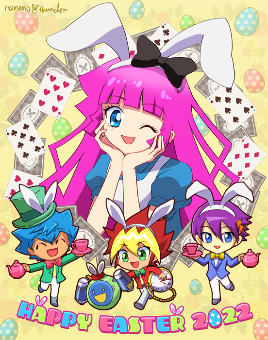alice, white rabbit, kirishima romin, ohdo yuga, sougetsu gakuto, and 1 more (yu-gi-oh! and 1 more) drawn by nanano_thunder