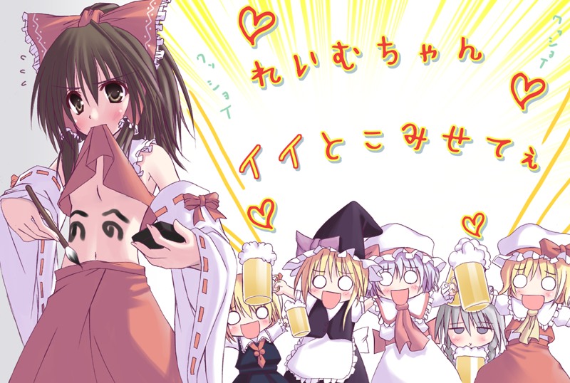 hakurei reimu, kirisame marisa, remilia scarlet, flandre scarlet, izayoi sakuya, and 1 more (touhou) drawn by kago_no_tori