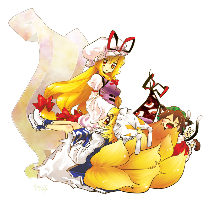 yakumo yukari, yakumo ran, and chen (touhou) drawn by choborau_nyopomi