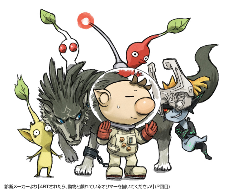 link, midna, red pikmin, olimar, yellow pikmin, and 1 more (the legend of zelda and 2 more) drawn by naru_(wish_field)