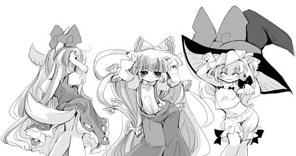 kirisame marisa, fujiwara no mokou, kamishirasawa keine, and ex-keine (touhou) drawn by usoneko