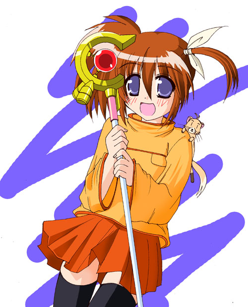 takamachi nanoha, raising heart, and yuuno scrya (lyrical nanoha and 1 more) drawn by oko_jo