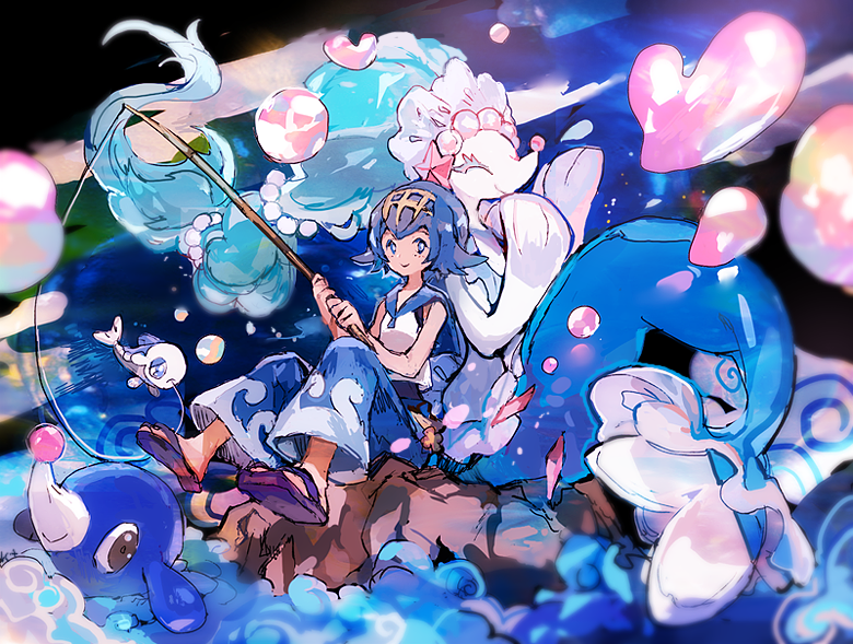 lana, popplio, primarina, and wishiwashi (pokemon and 1 more) drawn by kantarou_(8kan)