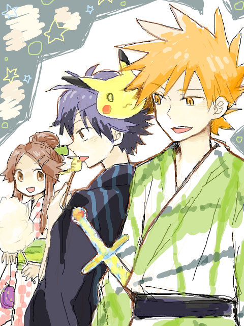 pikachu, red, blue oak, and leaf (pokemon and 2 more) drawn by suguru12
