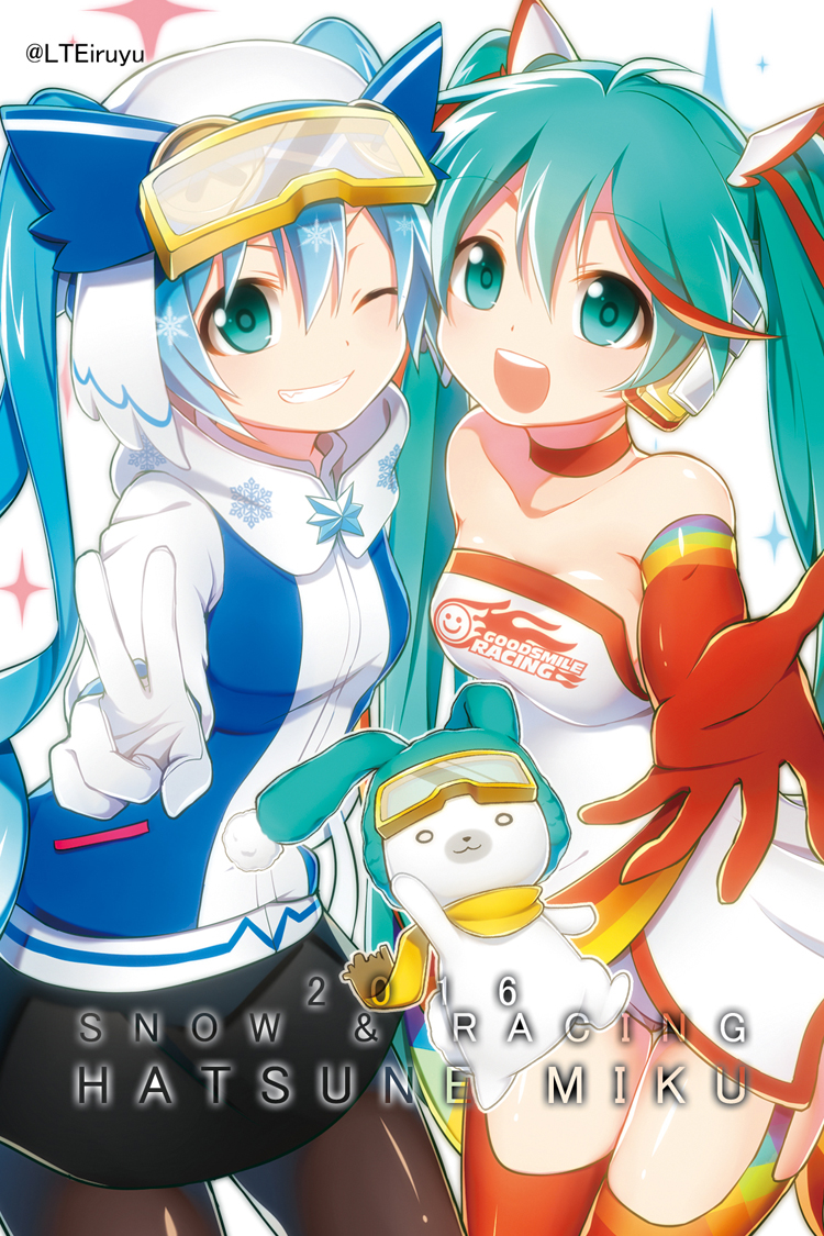 hatsune miku, yuki miku, racing miku, and rabbit yukine (vocaloid and 2 more) drawn by iruyu