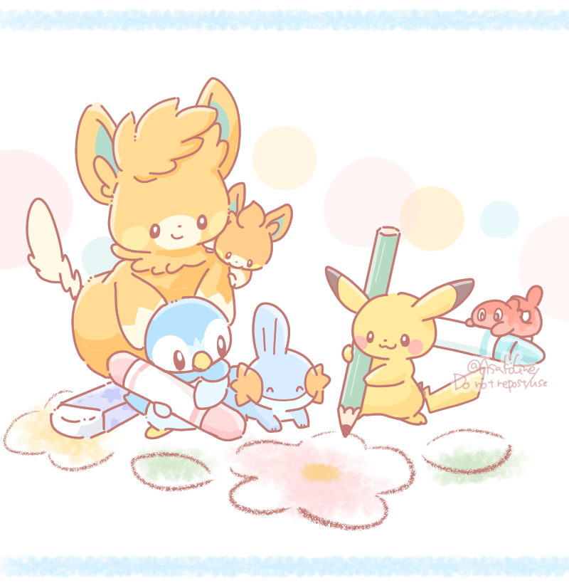 pikachu, piplup, mudkip, pawmi, tatsugiri, and 1 more (pokemon) drawn by asakoline