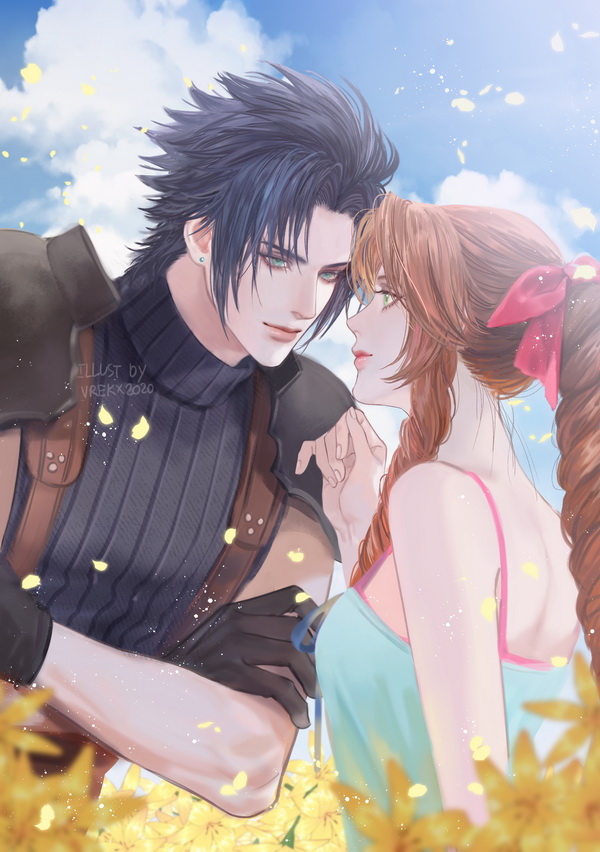 aerith gainsborough and zack fair (final fantasy and 2 more) drawn by vrekx_x