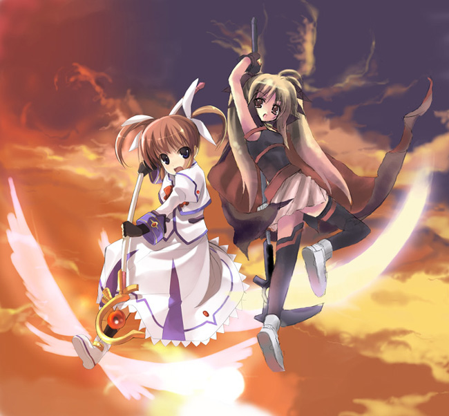 fate testarossa, takamachi nanoha, raising heart, and bardiche (lyrical nanoha and 2 more) drawn by ikawa_waki