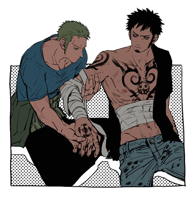 roronoa zoro and trafalgar law (one piece) drawn by kalk0011