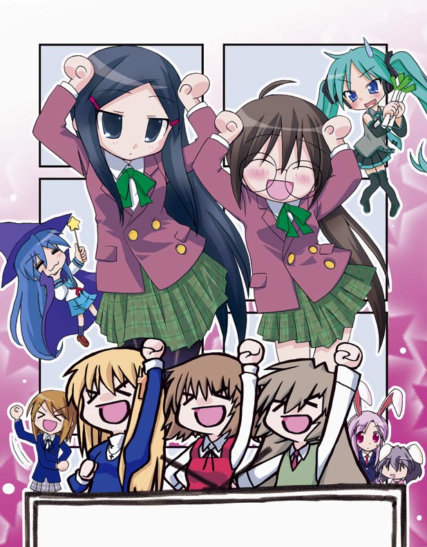 hatsune miku, reisen udongein inaba, inaba tewi, suzumiya haruhi, hirasawa yui, and 7 more (touhou and 9 more) drawn by sugina_fujitaka
