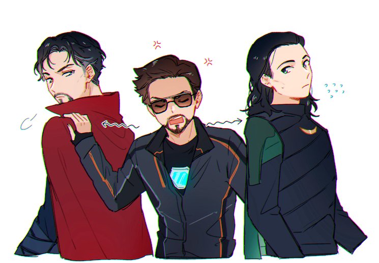 tony stark, loki, and doctor strange (marvel and 3 more) drawn by murdermuffinloki