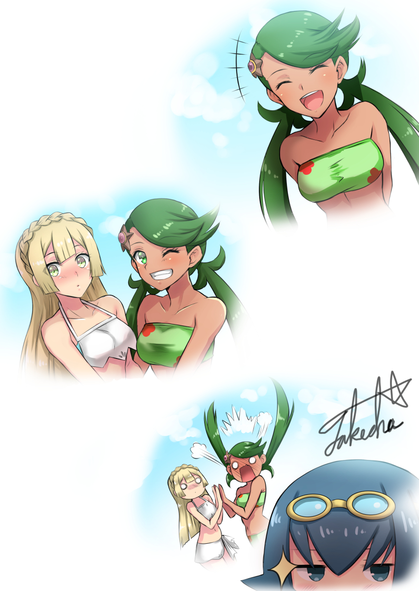 lillie, lana, mallow, and staryu (pokemon and 1 more) drawn by takecha