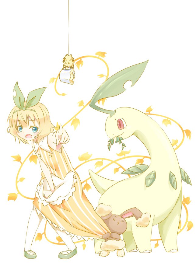 kirima syaro, buneary, joltik, and bayleef (pokemon and 1 more) drawn by hetareeji