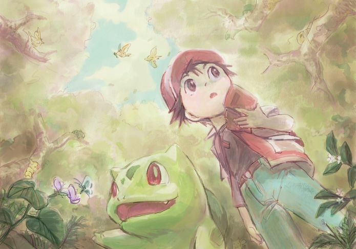 red, bulbasaur, and pidgey (pokemon and 2 more) drawn by san_(tinami)