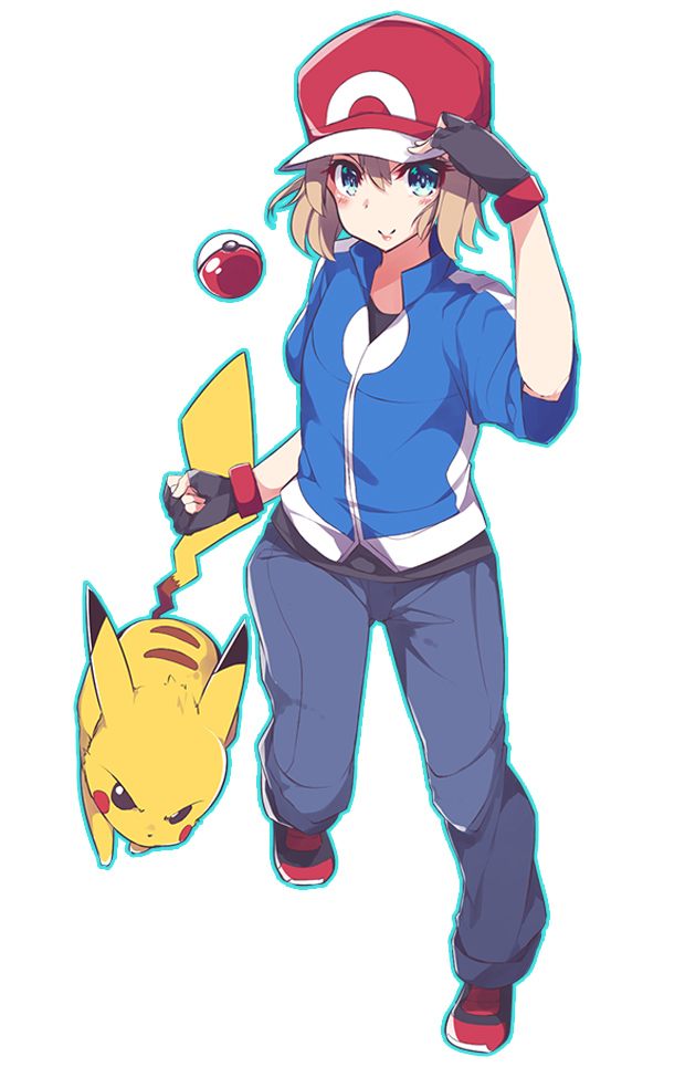 pikachu, ash ketchum, and serena (pokemon and 1 more) drawn by miya_ur