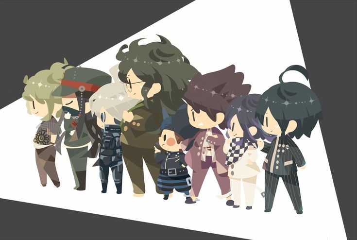 oma kokichi, saihara shuichi, momota kaito, amami rantaro, k1-b0, and 3 more (danganronpa and 1 more) drawn by hitofutarai
