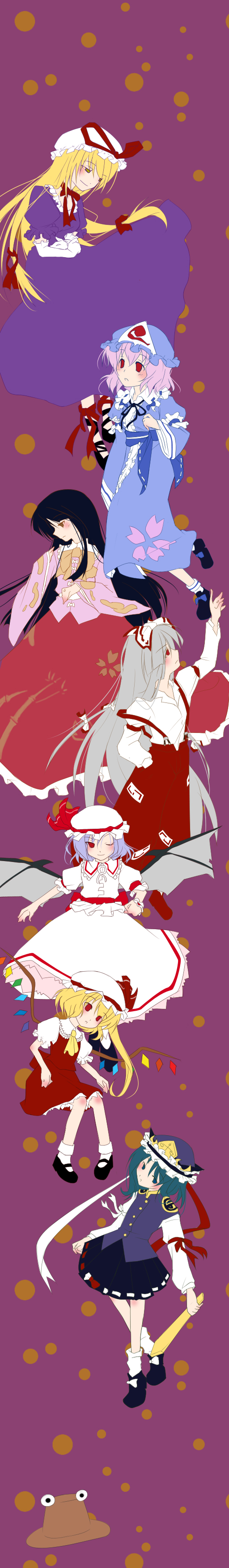 remilia scarlet, flandre scarlet, yakumo yukari, fujiwara no mokou, saigyouji yuyuko, and 3 more (touhou and 1 more) drawn by kusanagi_(noi's)