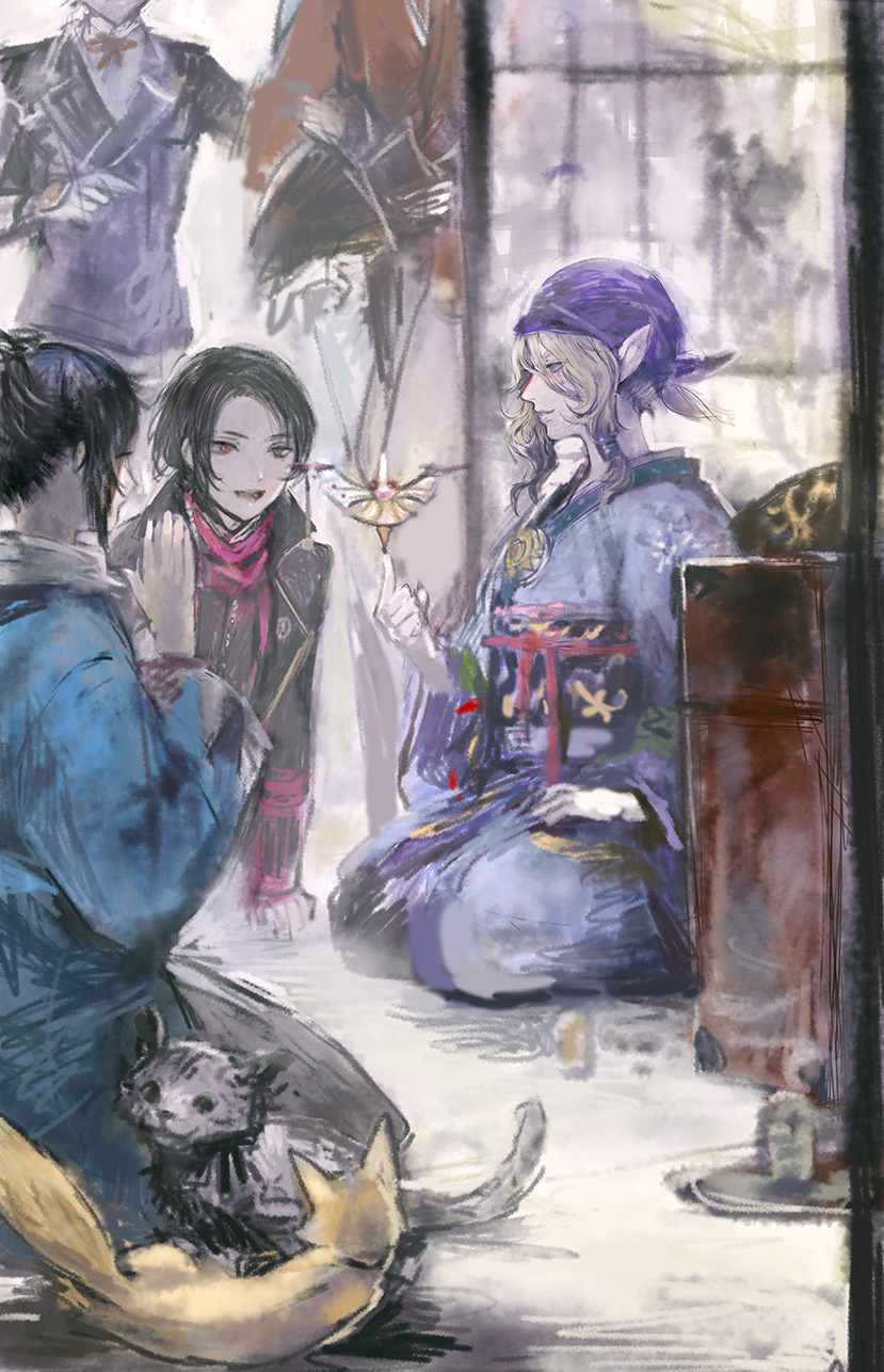 kashuu kiyomitsu, yamato-no-kami yasusada, izumi-no-kami kanesada, horikawa kunihiro, and kusuriuri (touken ranbu and 1 more) drawn by tomatika