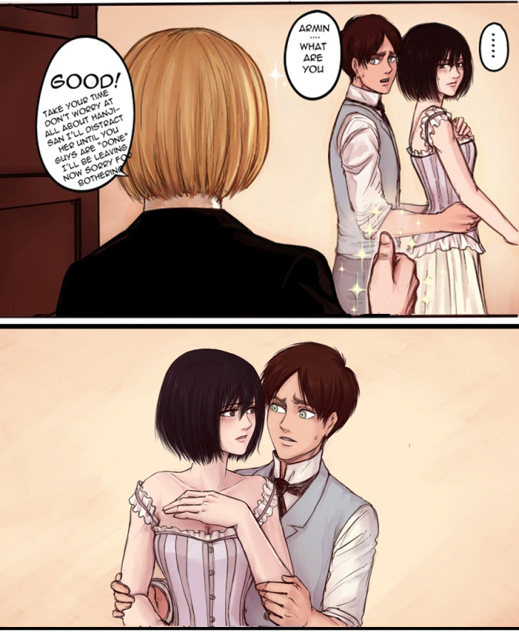 mikasa ackerman, eren yeager, and armin arlert (shingeki no kyojin) drawn by daydream24-7