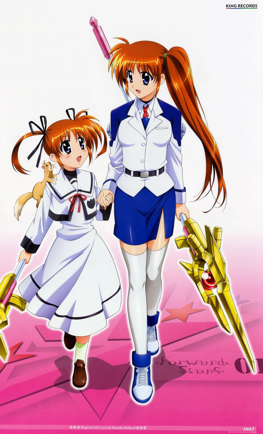 takamachi nanoha, raising heart, and yuuno scrya (lyrical nanoha and 3 more) drawn by okuda_yasuhiro