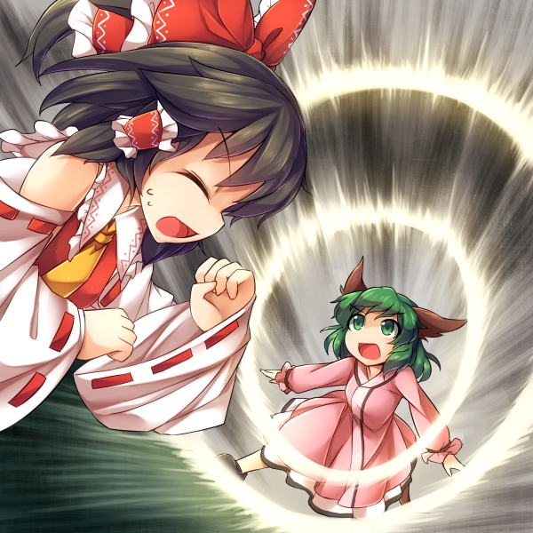hakurei reimu, kasodani kyouko, and threatening roar (touhou and 1 more) drawn by fun_bo