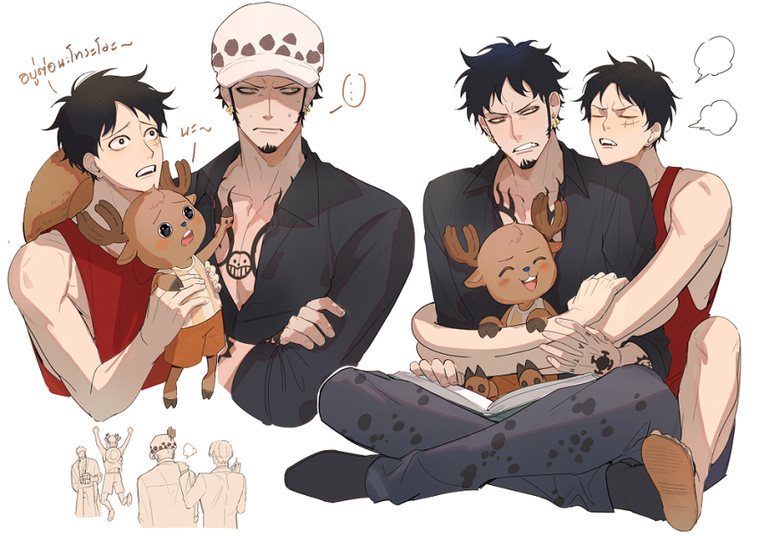 monkey d. luffy, roronoa zoro, sanji, trafalgar law, and tony tony chopper (one piece) drawn by rami_rz