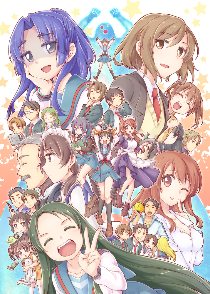 suzumiya haruhi, nagato yuki, asahina mikuru, kyon, asakura ryoko, and 26 more (suzumiya haruhi no yuuutsu) drawn by taiki_(6240taiki)